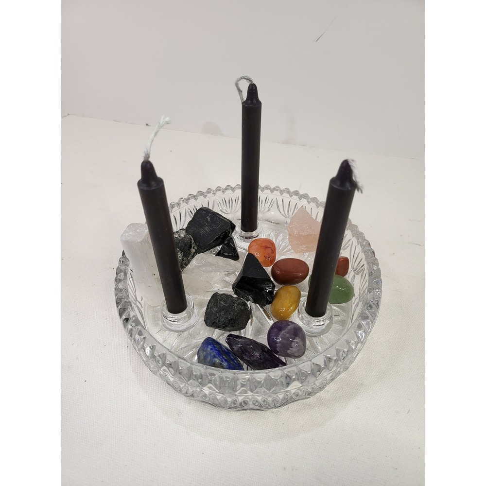 Vintage Crystal Altar Offering Bowl Spell Kit Bundle Black Candles Crystals